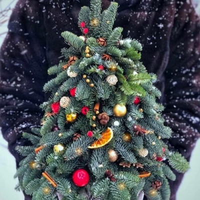 "Елка N 4"(40 см.) из нобилиса, сухоцветов и хлопка.N 25898