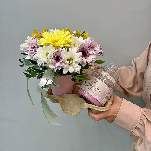 Сет "Цветочный вальс". Набор стаканчик с цветами и аромасвечой в банке арт. 70397